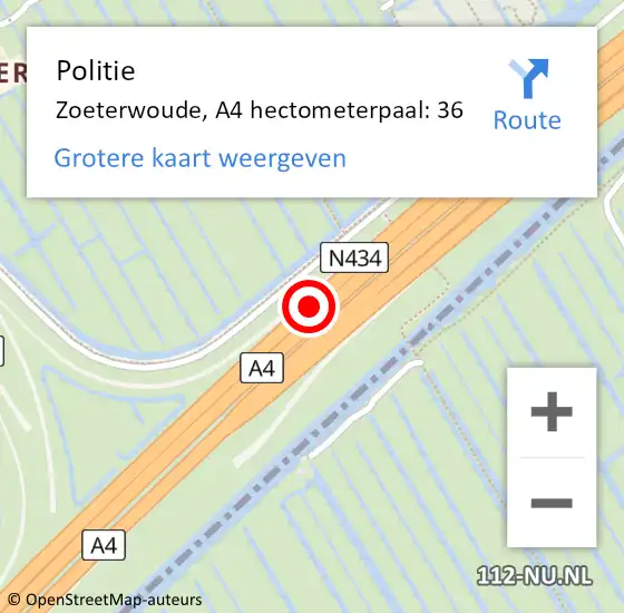 Locatie op kaart van de 112 melding: Politie Zoeterwoude, A4 hectometerpaal: 36 op 6 april 2025 23:30