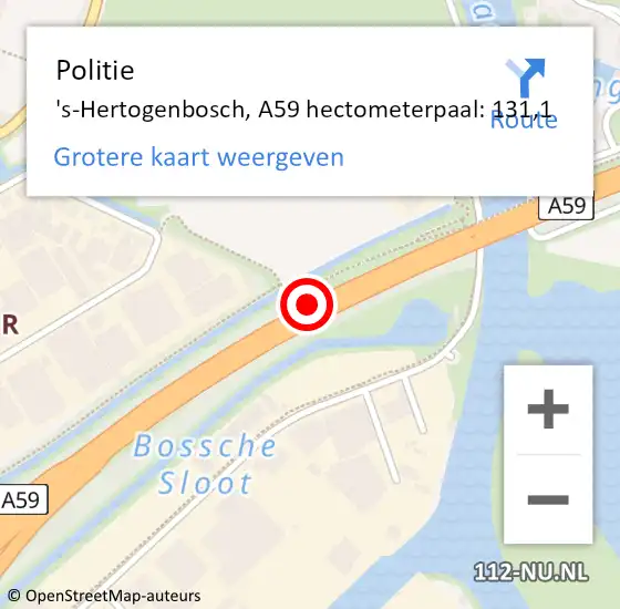 Locatie op kaart van de 112 melding: Politie 's-Hertogenbosch, A59 hectometerpaal: 131,1 op 7 april 2025 05:12