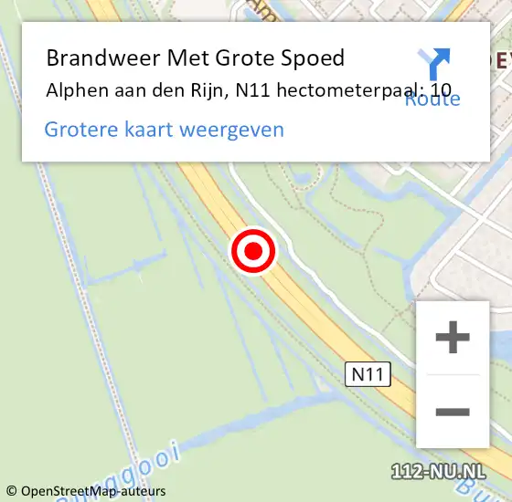 Locatie op kaart van de 112 melding: Brandweer Met Grote Spoed Naar Alphen aan den Rijn, N11 hectometerpaal: 10 op 7 april 2025 08:38