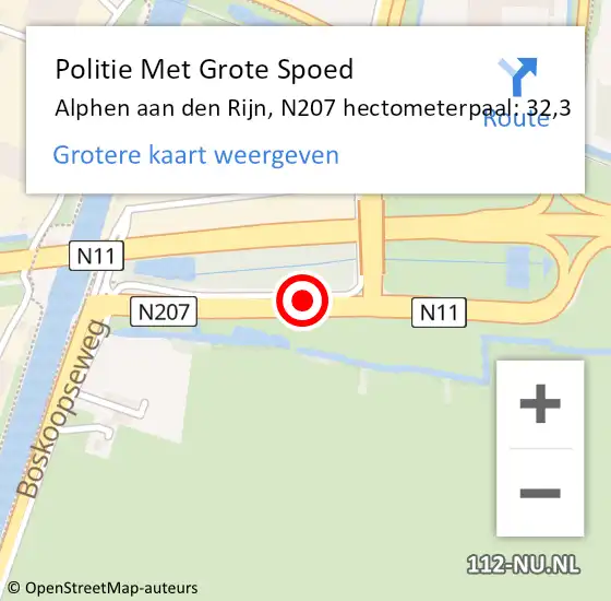Locatie op kaart van de 112 melding: Politie Met Grote Spoed Naar Alphen aan den Rijn, N207 hectometerpaal: 32,3 op 7 april 2025 08:52