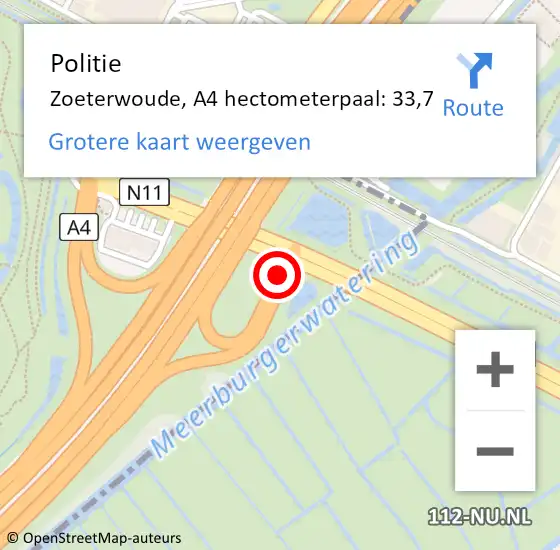 Locatie op kaart van de 112 melding: Politie Zoeterwoude, A4 hectometerpaal: 33,7 op 7 april 2025 11:05