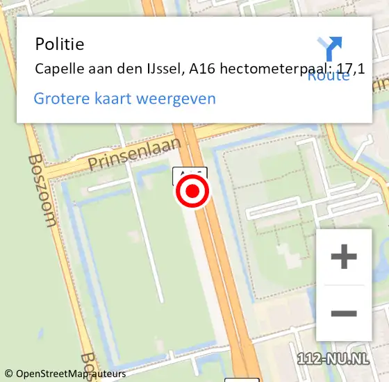 Locatie op kaart van de 112 melding: Politie Capelle aan den IJssel, A16 hectometerpaal: 17,1 op 7 april 2025 13:55