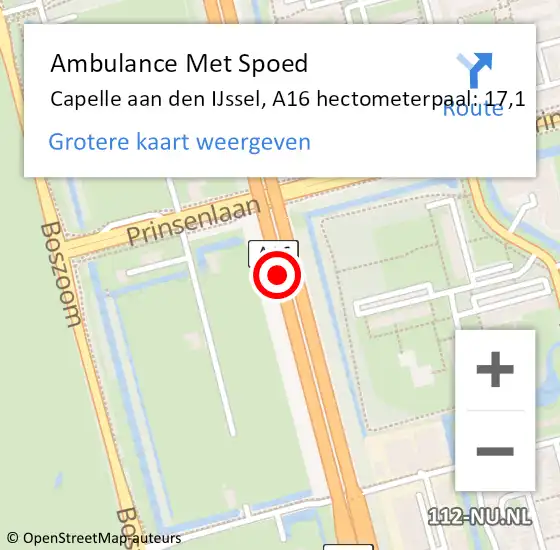 Locatie op kaart van de 112 melding: Ambulance Met Spoed Naar Capelle aan den IJssel, A16 hectometerpaal: 17,1 op 7 april 2025 13:57