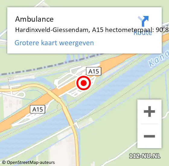 Locatie op kaart van de 112 melding: Ambulance Hardinxveld-Giessendam, A15 hectometerpaal: 90,8 op 7 april 2025 14:18