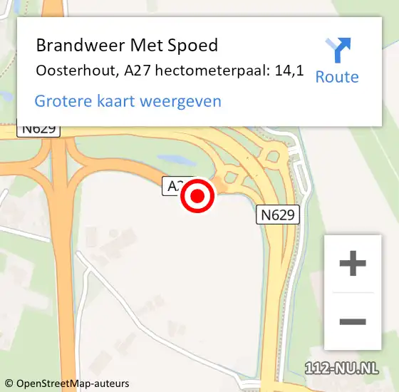 Locatie op kaart van de 112 melding: Brandweer Met Spoed Naar Oosterhout, A27 hectometerpaal: 14,1 op 7 april 2025 14:19
