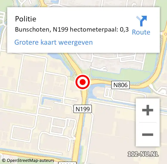 Locatie op kaart van de 112 melding: Politie Bunschoten, N199 hectometerpaal: 0,3 op 7 april 2025 14:41