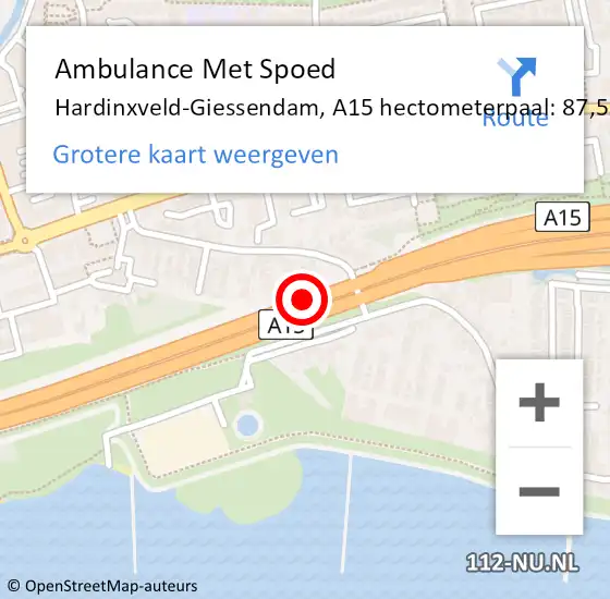 Locatie op kaart van de 112 melding: Ambulance Met Spoed Naar Hardinxveld-Giessendam, A15 hectometerpaal: 87,5 op 7 april 2025 15:10