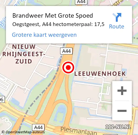 Locatie op kaart van de 112 melding: Brandweer Met Grote Spoed Naar Oegstgeest, A44 hectometerpaal: 17,5 op 7 april 2025 15:22