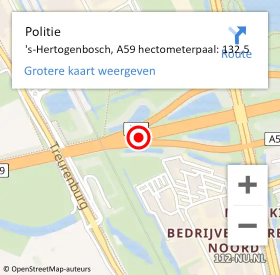 Locatie op kaart van de 112 melding: Politie 's-Hertogenbosch, A59 hectometerpaal: 132,5 op 7 april 2025 16:46