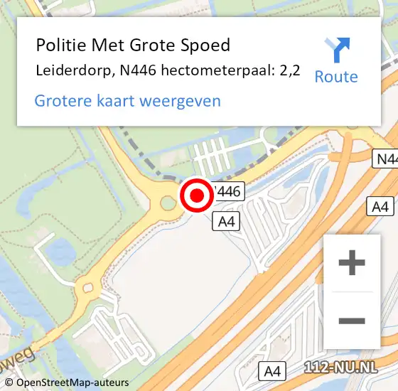 Locatie op kaart van de 112 melding: Politie Met Grote Spoed Naar Leiderdorp, N446 hectometerpaal: 2,2 op 7 april 2025 17:41