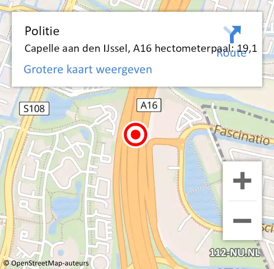 Locatie op kaart van de 112 melding: Politie Capelle aan den IJssel, A16 hectometerpaal: 19,1 op 7 april 2025 18:25