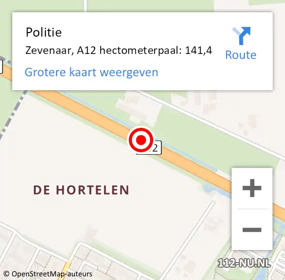 Locatie op kaart van de 112 melding: Politie Zevenaar, A12 hectometerpaal: 141,4 op 7 april 2025 20:54