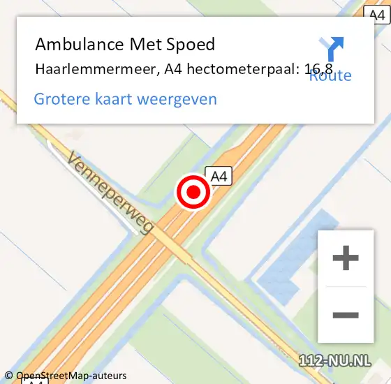 Locatie op kaart van de 112 melding: Ambulance Met Spoed Naar Haarlemmermeer, A4 hectometerpaal: 16,8 op 7 april 2025 22:13