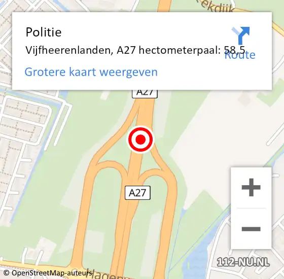 Locatie op kaart van de 112 melding: Politie Vijfheerenlanden, A27 hectometerpaal: 58,5 op 7 april 2025 22:46