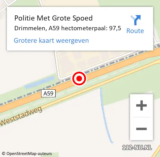 Locatie op kaart van de 112 melding: Politie Met Grote Spoed Naar Drimmelen, A59 hectometerpaal: 97,5 op 8 april 2025 03:27
