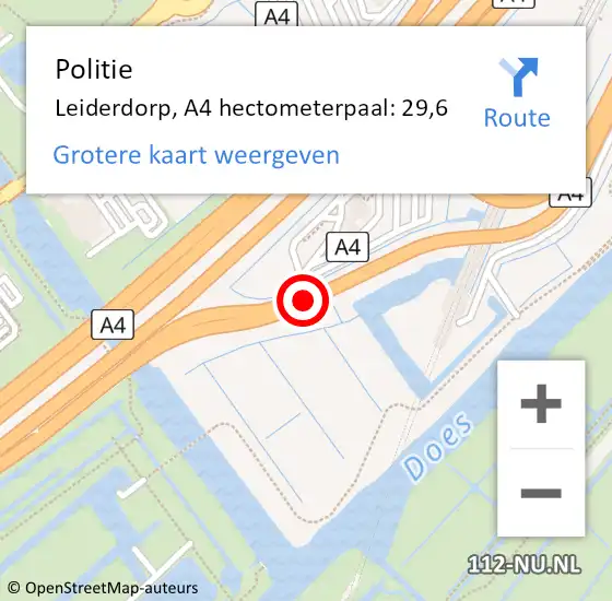 Locatie op kaart van de 112 melding: Politie Leiderdorp, A4 hectometerpaal: 29,6 op 8 april 2025 05:09