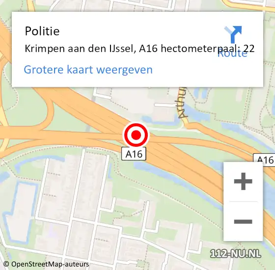 Locatie op kaart van de 112 melding: Politie Krimpen aan den IJssel, A16 hectometerpaal: 22 op 8 april 2025 06:31
