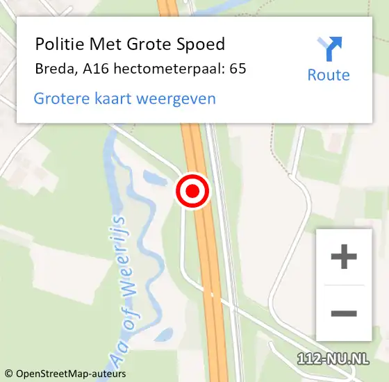 Locatie op kaart van de 112 melding: Politie Met Grote Spoed Naar Breda, A16 hectometerpaal: 65 op 8 april 2025 07:00