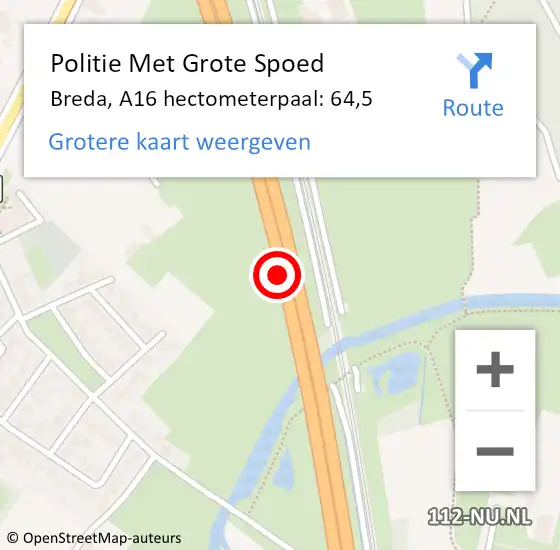 Locatie op kaart van de 112 melding: Politie Met Grote Spoed Naar Breda, A16 hectometerpaal: 64,5 op 8 april 2025 07:00