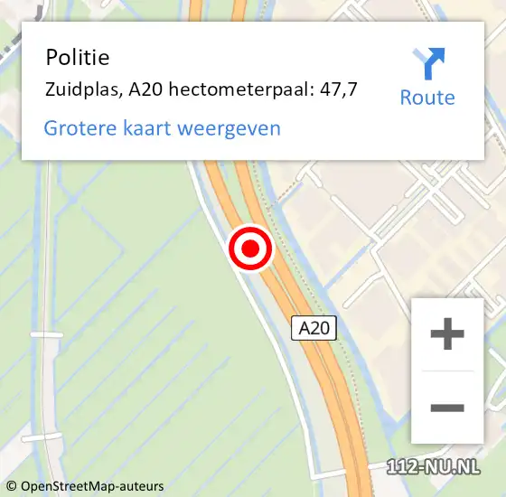 Locatie op kaart van de 112 melding: Politie Zuidplas, A20 hectometerpaal: 47,7 op 8 april 2025 07:02
