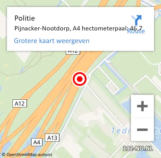 Locatie op kaart van de 112 melding: Politie Pijnacker-Nootdorp, A4 hectometerpaal: 46,7 op 8 april 2025 08:22