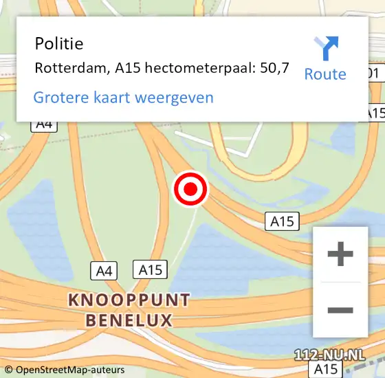 Locatie op kaart van de 112 melding: Politie Rotterdam, A15 hectometerpaal: 50,7 op 8 april 2025 09:15
