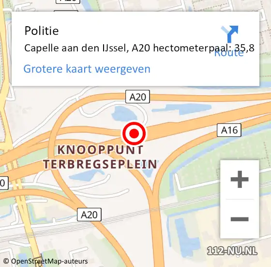 Locatie op kaart van de 112 melding: Politie Capelle aan den IJssel, A20 hectometerpaal: 35,8 op 8 april 2025 09:35