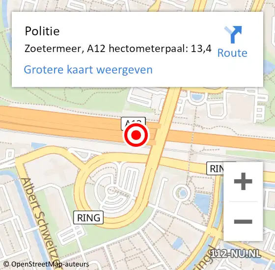 Locatie op kaart van de 112 melding: Politie Zoetermeer, A12 hectometerpaal: 13,4 op 8 april 2025 09:36