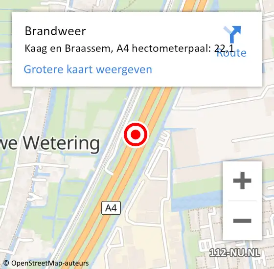 Locatie op kaart van de 112 melding: Brandweer Kaag en Braassem, A4 hectometerpaal: 22,1 op 8 april 2025 10:23