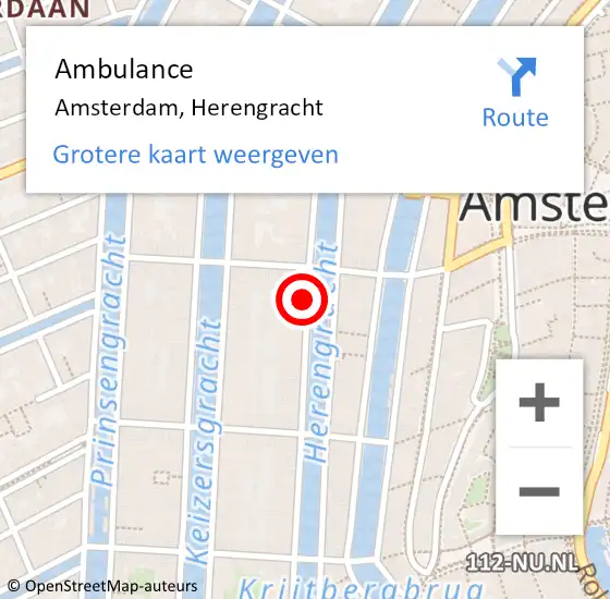 Locatie op kaart van de 112 melding: Ambulance Amsterdam, Herengracht op 8 april 2025 10:38