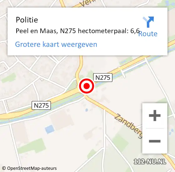 Locatie op kaart van de 112 melding: Politie Peel en Maas, N275 hectometerpaal: 6,6 op 8 april 2025 11:39