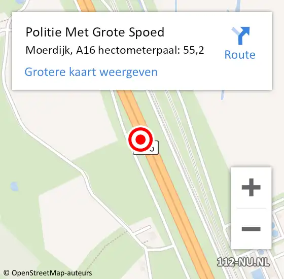Locatie op kaart van de 112 melding: Politie Met Grote Spoed Naar Moerdijk, A16 hectometerpaal: 55,2 op 8 april 2025 16:34