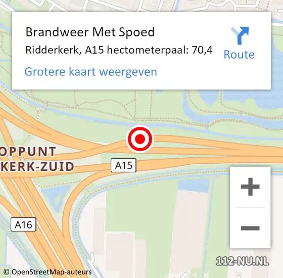 Locatie op kaart van de 112 melding: Brandweer Met Spoed Naar Ridderkerk, A15 hectometerpaal: 70,4 op 8 april 2025 16:54