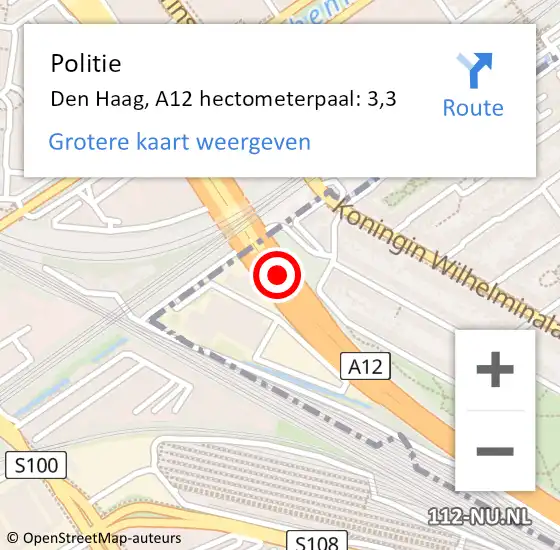 Locatie op kaart van de 112 melding: Politie Den Haag, A12 hectometerpaal: 3,3 op 8 april 2025 18:29