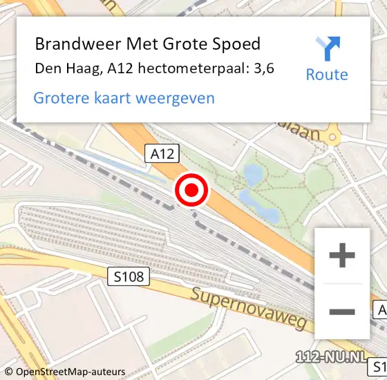 Locatie op kaart van de 112 melding: Brandweer Met Grote Spoed Naar Den Haag, A12 hectometerpaal: 3,6 op 8 april 2025 18:35