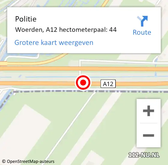 Locatie op kaart van de 112 melding: Politie Woerden, A12 hectometerpaal: 44 op 8 april 2025 18:58