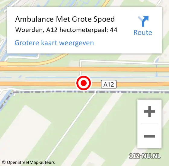 Locatie op kaart van de 112 melding: Ambulance Met Grote Spoed Naar Woerden, A12 hectometerpaal: 44 op 8 april 2025 19:02