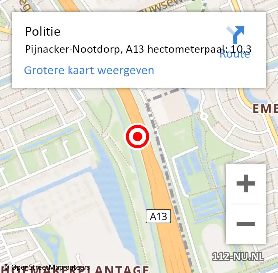 Locatie op kaart van de 112 melding: Politie Pijnacker-Nootdorp, A13 hectometerpaal: 10,3 op 8 april 2025 20:53