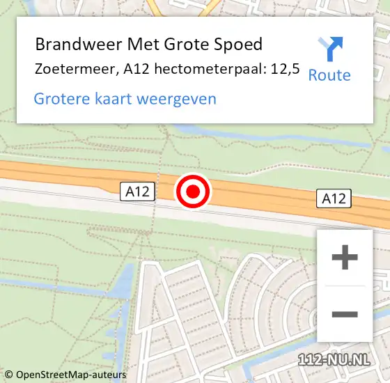 Locatie op kaart van de 112 melding: Brandweer Met Grote Spoed Naar Zoetermeer, A12 hectometerpaal: 12,5 op 9 april 2025 04:48