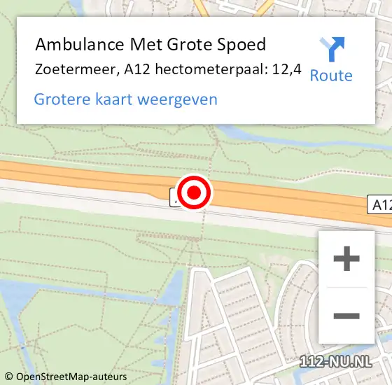 Locatie op kaart van de 112 melding: Ambulance Met Grote Spoed Naar Zoetermeer, A12 hectometerpaal: 12,4 op 9 april 2025 04:49