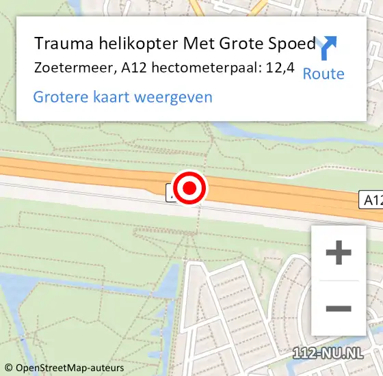 Locatie op kaart van de 112 melding: Trauma helikopter Met Grote Spoed Naar Zoetermeer, A12 hectometerpaal: 12,4 op 9 april 2025 04:50
