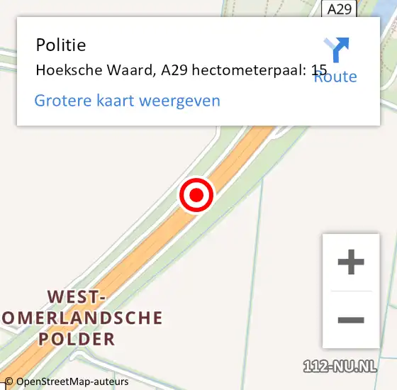 Locatie op kaart van de 112 melding: Politie Hoeksche Waard, A29 hectometerpaal: 15 op 9 april 2025 13:02