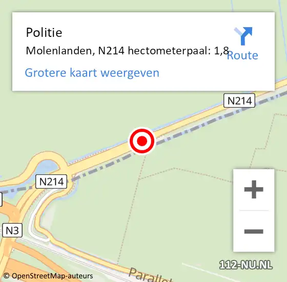 Locatie op kaart van de 112 melding: Politie Molenlanden, N214 hectometerpaal: 1,8 op 9 april 2025 13:46