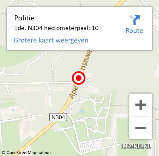 Locatie op kaart van de 112 melding: Politie Ede, N304 hectometerpaal: 10 op 9 april 2025 13:47