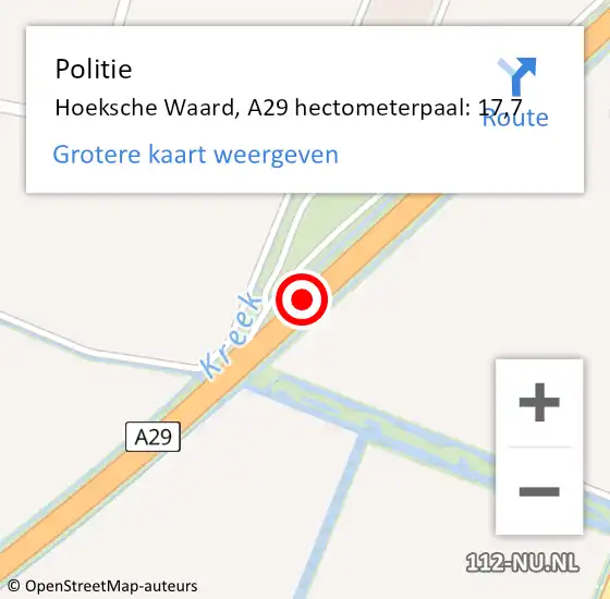 Locatie op kaart van de 112 melding: Politie Hoeksche Waard, A29 hectometerpaal: 17,7 op 9 april 2025 13:56