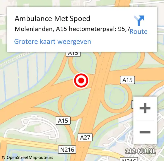 Locatie op kaart van de 112 melding: Ambulance Met Spoed Naar Molenlanden, A15 hectometerpaal: 95,7 op 9 april 2025 15:07
