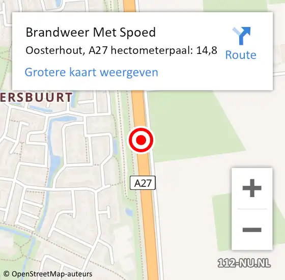 Locatie op kaart van de 112 melding: Brandweer Met Spoed Naar Oosterhout, A27 hectometerpaal: 14,8 op 9 april 2025 15:13