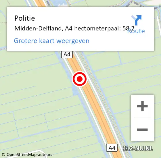 Locatie op kaart van de 112 melding: Politie Midden-Delfland, A4 hectometerpaal: 58,2 op 9 april 2025 15:19