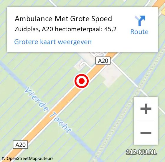 Locatie op kaart van de 112 melding: Ambulance Met Grote Spoed Naar Zuidplas, A20 hectometerpaal: 45,2 op 9 april 2025 15:27