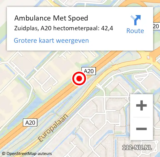 Locatie op kaart van de 112 melding: Ambulance Met Spoed Naar Zuidplas, A20 hectometerpaal: 42,4 op 9 april 2025 15:31